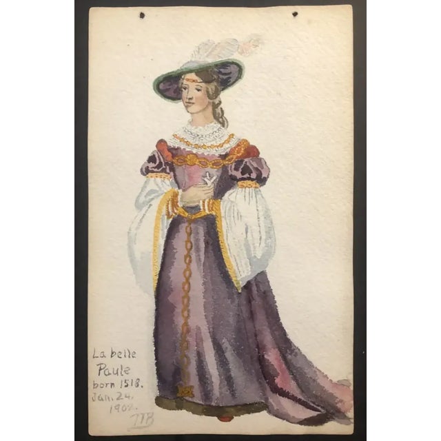 Double sided watercolor from a group of early (1902) paintings of 15th century costumes. The Chambriere is backed by La...