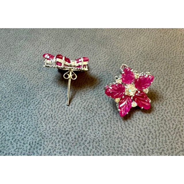 Modern Tutti Frutti Earrings Natural Ruby Carved Leaves & Diamond Earrings in 18 KWG For Sale - Image 3 of 8