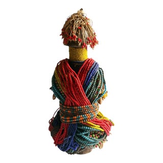 Vintage African Beaded Fali Namji Fertility Doll Cameroon W/Wood Stand 11.5" H For Sale