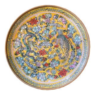 Dragon and Phoenix Pattern Antique Yellow Famille Rose Charger With Longevity Marks on Bottom For Sale