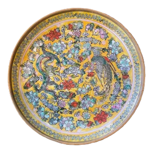 Dragon and Phoenix Pattern Antique Yellow Famille Rose Charger With Longevity Marks on Bottom