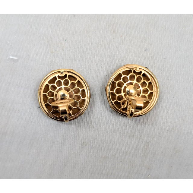 Green Vintage 1960s Signed Trifari Round Goldtone Cabochon Faux-Emerald Clip Earrings-2 Pieces For Sale - Image 8 of 8