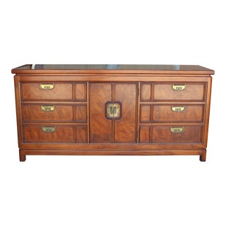 1970's Walnut & Burlwood Campaign Style Dresser For Sale