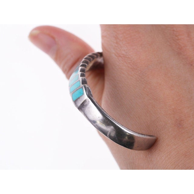 Late 20th Century 6 3/8" Vintage Zuni silver turquoise channel inlay bracelet c For Sale - Image 5 of 10