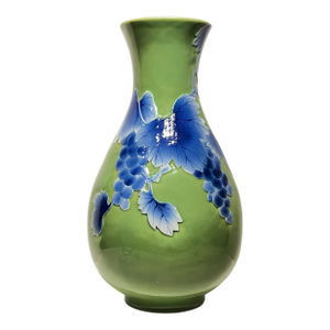 Large Vintage Japanese Lime Green and Blue Glazed Ceramic Vase