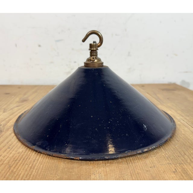 Industrial British Dark Blue Enamel Factory Pendant Lamp, 1950s For Sale - Image 9 of 17