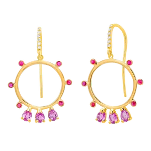 Pear Shaped Pink Sapphire Diamond Shepherd Hoop Circle 0.50 Inch 14 Karat Yellow Gold Earrings - 2 Pieces