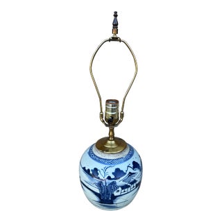 Antique Chinese Blue & White Ginger Jar Table Lamp With Chinoiserie Landscape For Sale