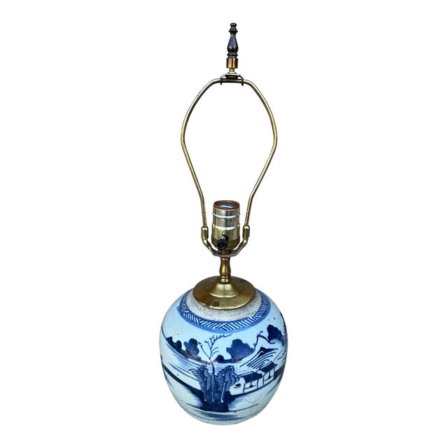 Antique Chinese Blue & White Ginger Jar Table Lamp With Chinoiserie Landscape For Sale