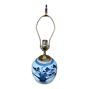 Antique Chinese Blue & White Ginger Jar Table Lamp With Chinoiserie Landscape