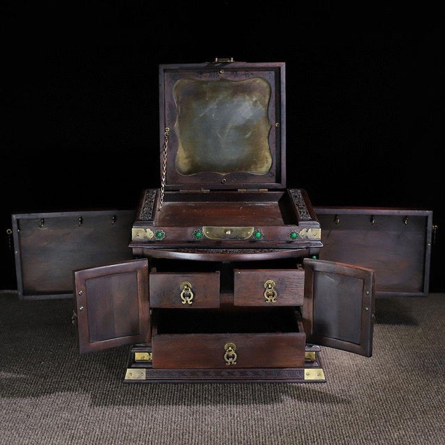 Art Deco 1970s Wood Jewelry Box With Dragon & Phoenix Carving and Gemstone Inlay For Sale - Image 3 of 10