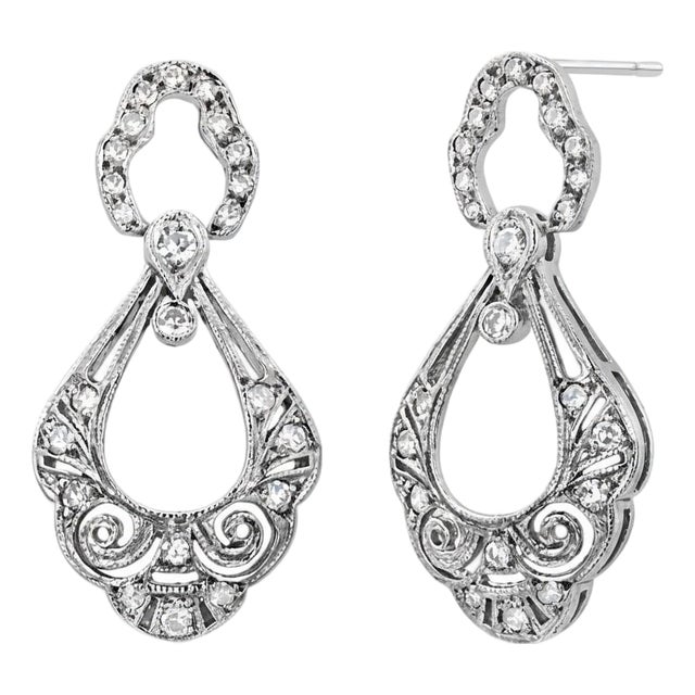 Platinum Vintage Openwork Filigree Drop Earrings With 0.50ct Diamonds, A Pair For Sale