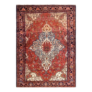 1920s Red Medallion Antique Persian Sarouk Farahan Carpet 4'7" X 6'5" Knotted Wool Rug For Sale