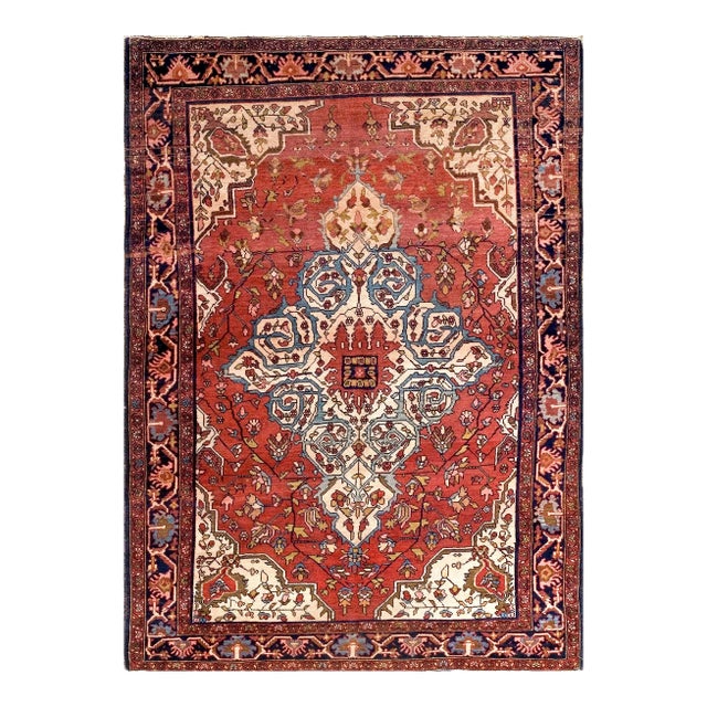 1920s Red Medallion Antique Persian Sarouk Farahan Carpet 4'7" X 6'5" Knotted Wool Rug For Sale