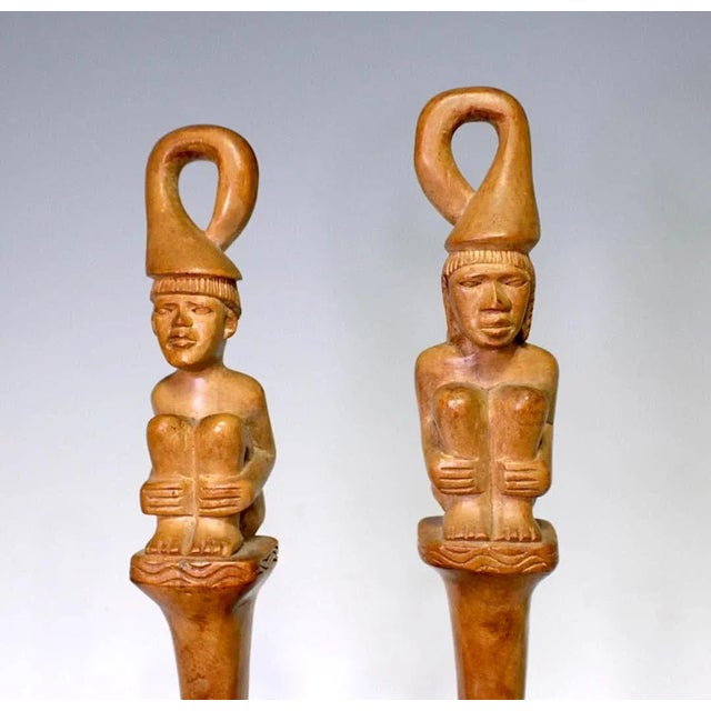 Tribal Large Austronesian Tiki Hand Carved Teak Figural Water Dippers / Ladles / Vases, a Pair For Sale - Image 3 of 11