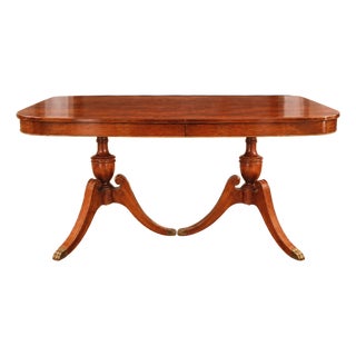 Thomasville Mahogany Table Double Pedestal With Leaf & Custom Pads For Sale
