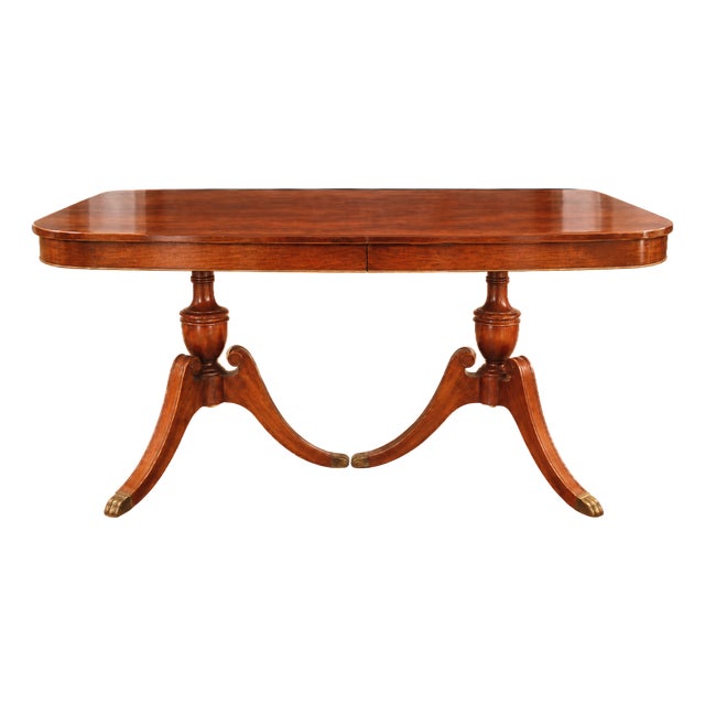 Thomasville Mahogany Table Double Pedestal With Leaf & Custom Pads For Sale