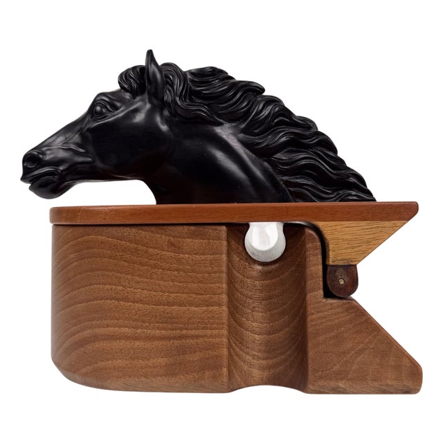 Mid-Century Modern Italian Walnut Tobacco Jar with Sculptural Horse Head, 1970s For Sale