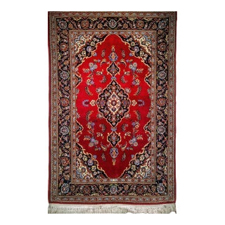 Vintage Persian Kashan Rug, Hand-Knotted Wool, Floral Pattern, Red & Navy, 4x6 For Sale