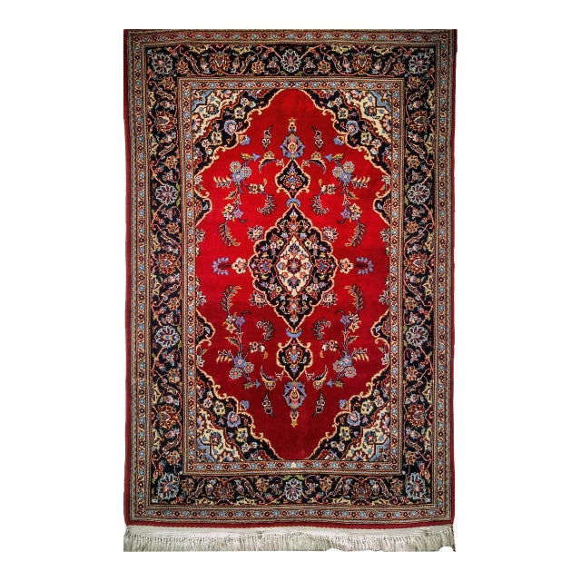 Vintage Persian Kashan Rug, Hand-Knotted Wool, Floral Pattern, Red & Navy, 4x6 For Sale
