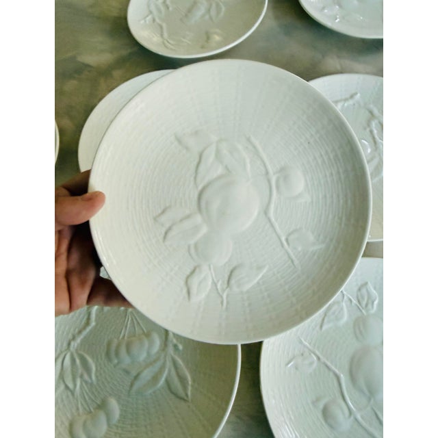 Vintage Cream Fruit Embossed Ed Langbein Western Zone Germany Porcelain Dessert Plates - Set of 11 - 7.75 Inch Fruit Relief 1945 1949 For Sale - Image 4 of 12