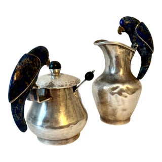 Los Castillo Signed Mexican Sterling Cream & Sugar with Lapis Birds - A Pair For Sale
