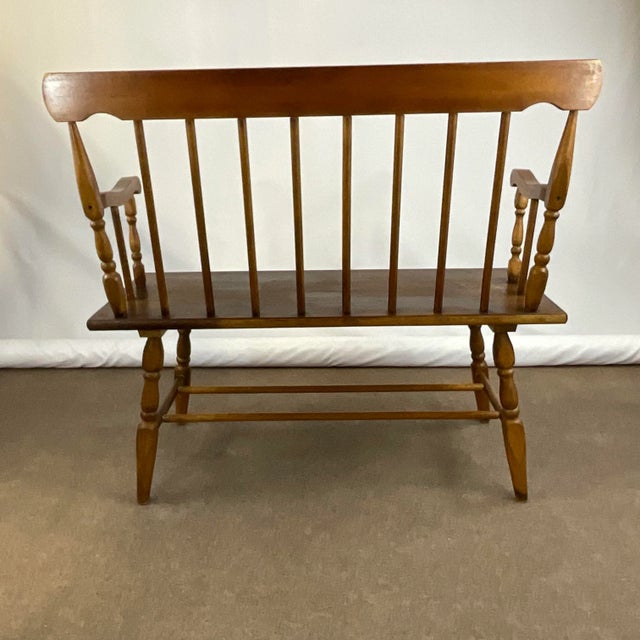1970s Vintage Arts & Crafts Windsor Spindle Back Pine Bench. For Sale - Image 9 of 12