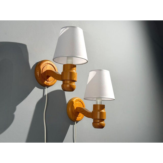 Solbackens Svarveri, Wall Lights, Pine, Fabric, Sweden, 1960s For Sale - Image 4 of 10