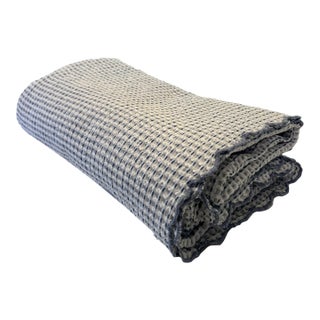 Dusty Blue Portuguese Cotton Waffle Weave Coverlet With Scalloped Edge Queen For Sale