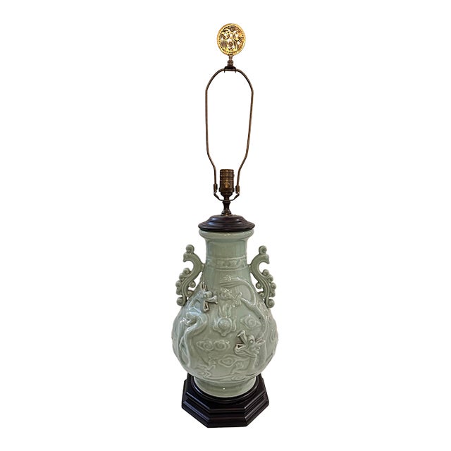 Vintage Celadon Table Lamp With Dragon and Bird Motifs For Sale