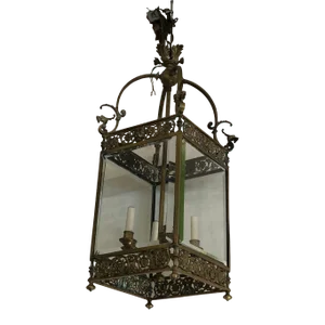 Antique English Bronze Regency Lantern Chandelier With Lion Heads and Griffins