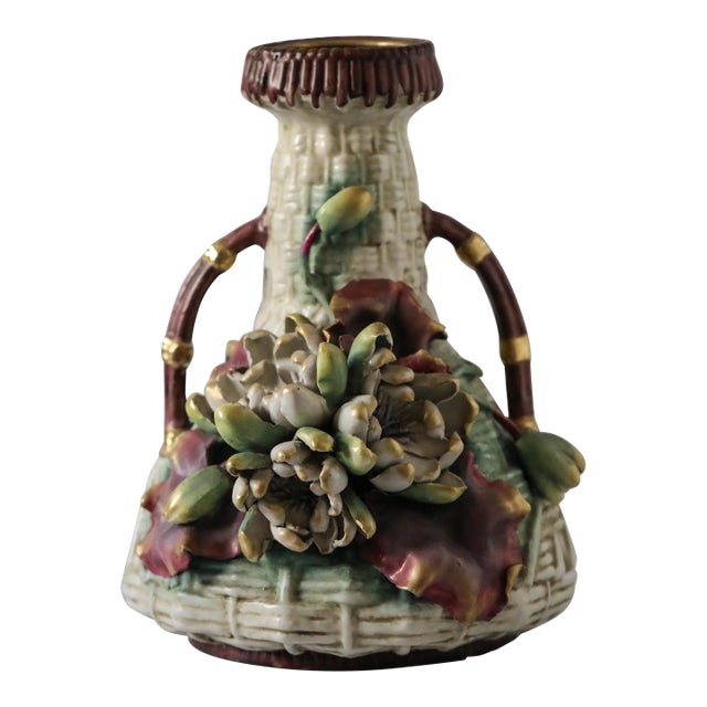 Amphora Turn-Teplitz Art Nouveau Basket-Weave Floral Vase Circa 1900 For Sale