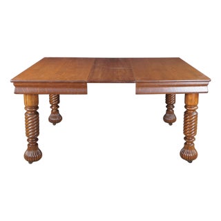 Antique American Arts & Crafts Quartersawn Oak Barley Twist Dining Table Extends For Sale