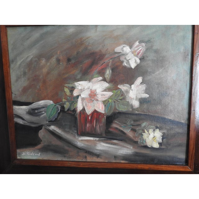 1930s California Impressionist/Tonalist Still Life Oil Painting by Julia Rideout – Framed Moody Floral on Canvas Board For Sale - Image 10 of 12