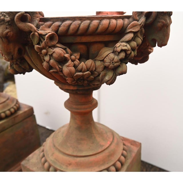 English Country Terracotta Garden Urns with Rams Heads, Set of 2 For Sale - Image 4 of 13