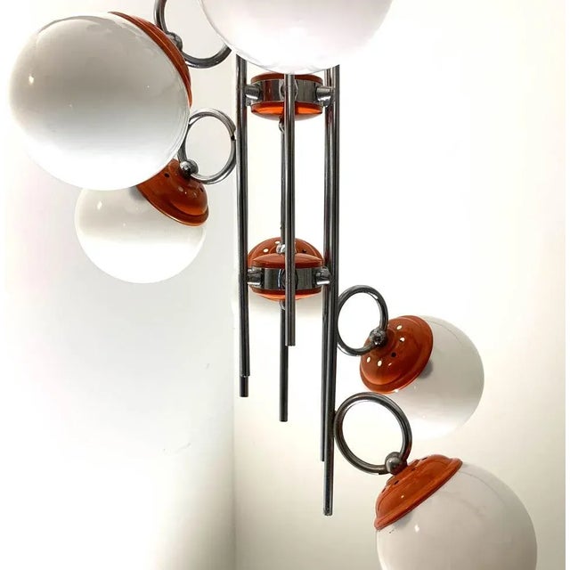 Orange and Chrome Sputnik Six Lamp Pendant Light, 1960s For Sale - Image 3 of 5