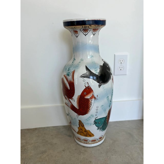 Chinoiserie Vintage Chinese Export Porcelain Koi Floor Vase/Umbrella Stand For Sale - Image 3 of 7