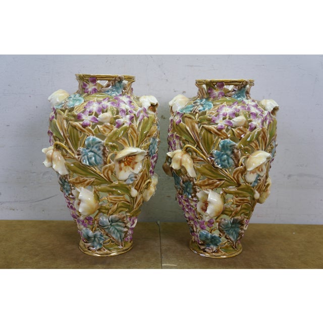 Antique Art Nouveau Hungarian Zsolnay Tádé Sikorski Openwork Floral Mallow Vases For Sale - Image 17 of 18