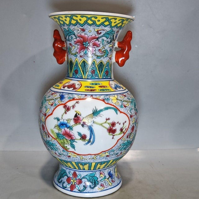 1940s Famille Rose Bird & Floral Two-Handled Porcelain Vase, Chinoiserie Decor Vessel For Sale - Image 5 of 7