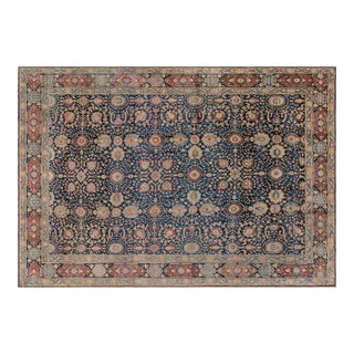 Antique Persian Tabriz Botanic Blue Red Beige Handmade Wool Carpet For Sale