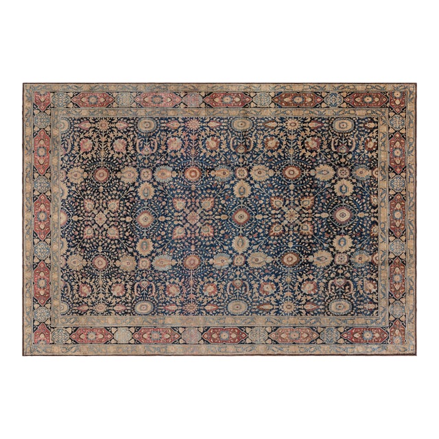Antique Persian Tabriz Botanic Blue Red Beige Handmade Wool Carpet For Sale