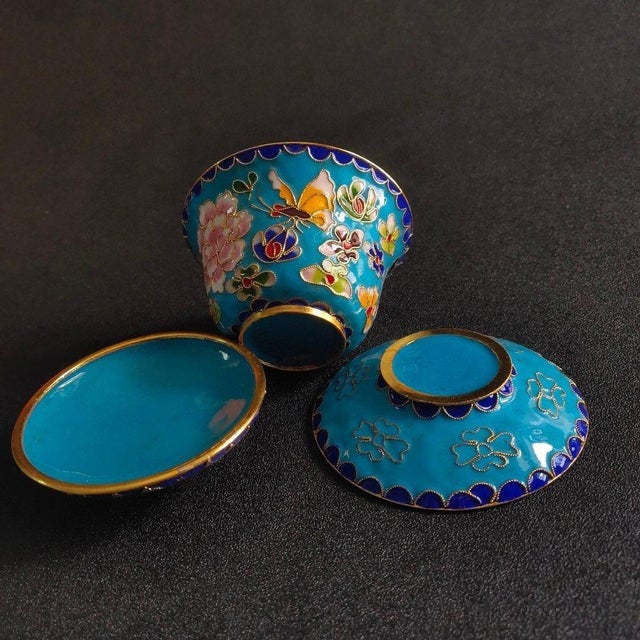 Mid 20th Century Vintage Chinese Turquoise Cloisonné Enamel Floral "Three-Piece" Tea Bowl Set For Sale - Image 5 of 6