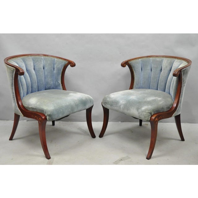 Vintage French Hollywood Regency Mahogany Saber Leg Parlor Lounge Chair - A Pair For Sale - Image 16 of 16