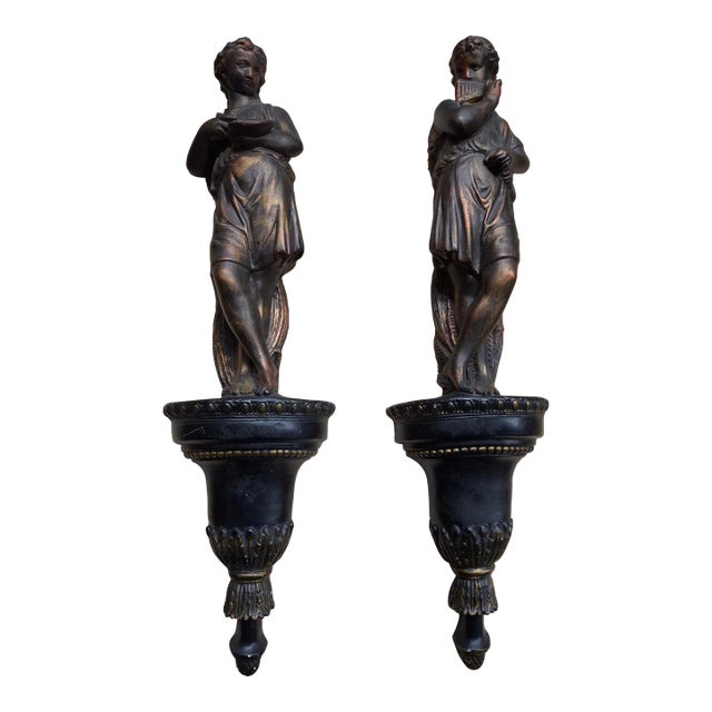 Mid 20th Century Pair Renaissance Style Plaster Figural Wall Mounts Sculptures For Sale