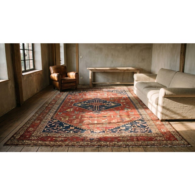 Stunning Red-Raspberry Background Color With Oncentric Hexagonal Medallion Pattern Antique Persian Serapi Rug For Sale - Image 9 of 11