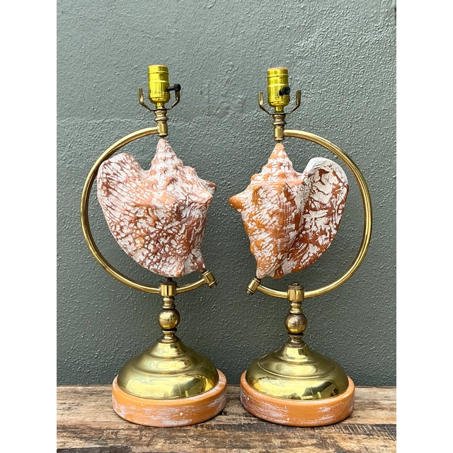 Vintage Brass and Wood Shell Lamps - Pair For Sale In West Palm - Image 6 of 12