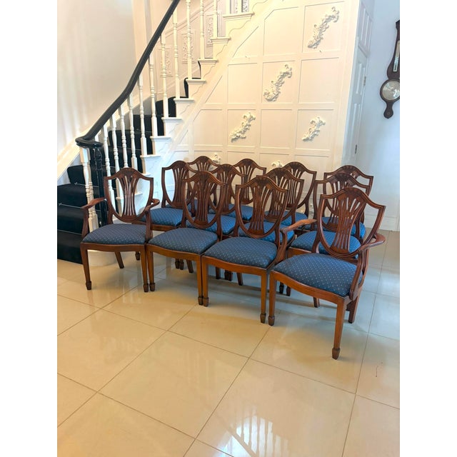A beautiful quality set of twelve antique mahogany shield back dining chairs comprising ten single dining chairs and two...