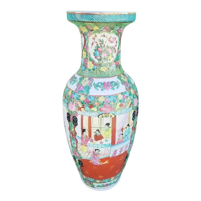 Vintage Large Chinoiserie Ceramic Famille Rose Greek Key Asian Garden Scene Decorative Floor Vase For Sale