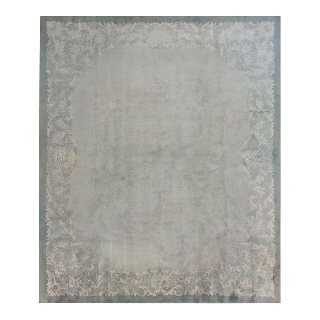 1930s Gray Green Foliate Antique Chinese Art Deco Rug 8'3" X 9'9" Handknotted Wool Carpet For Sale