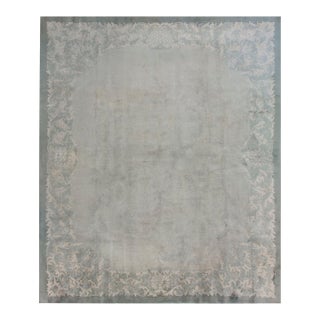 1930s Gray Green Open Field Foliate Antique Chinese Art Deco Knotted Wool Rug For Sale